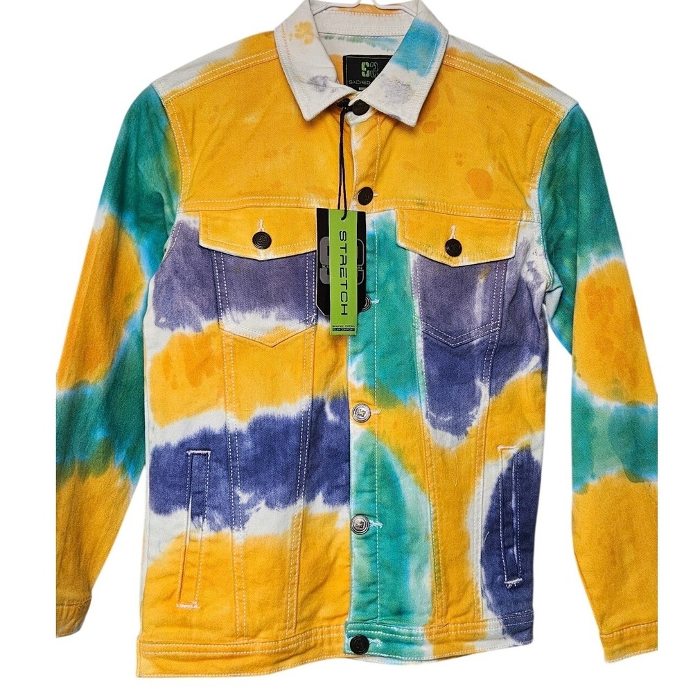 Sacred Crown Boys Tie Dye Denim Jacket Yellow Teal Purple Stretch Slim S(8) NEW